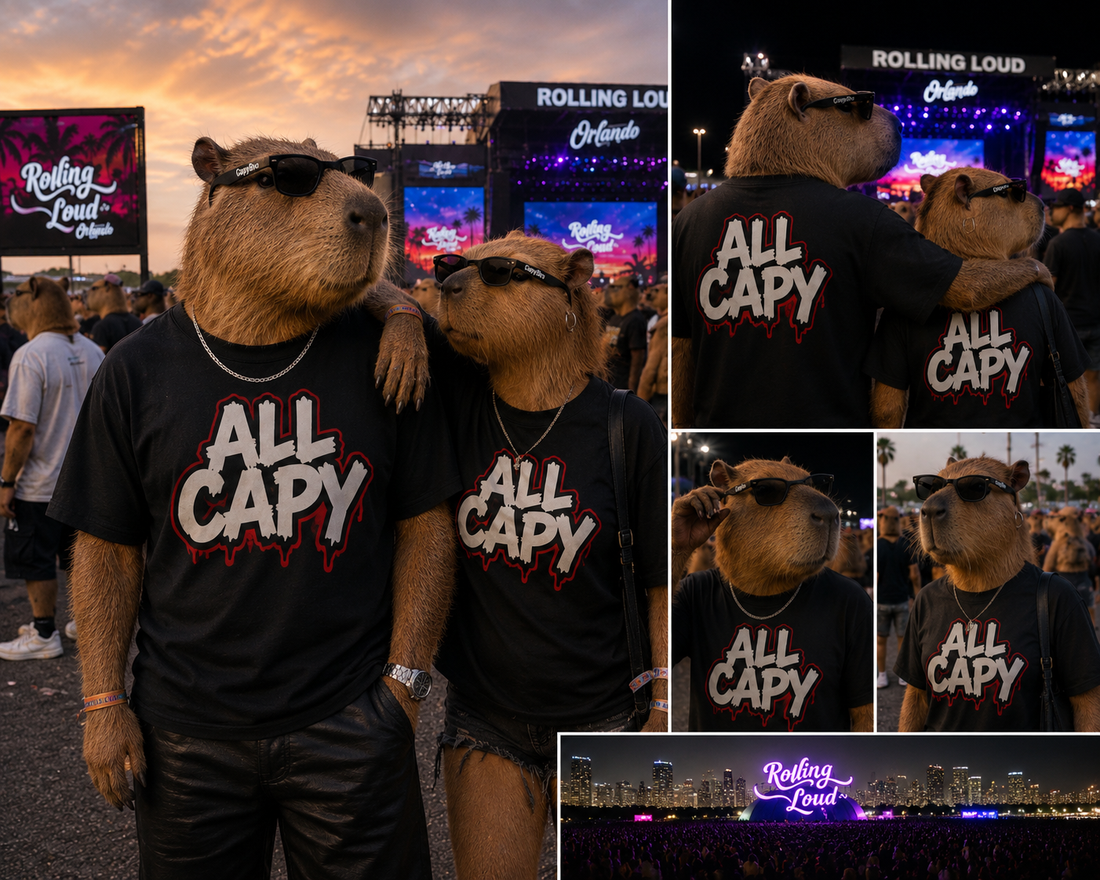 Photorealistic capybaras attending the fictional Rollin Out Orlando music festival wearing custom ALL CAPY festival apparel produced by iHeartCustoms using rush DTF printing in Orlando, Florida.