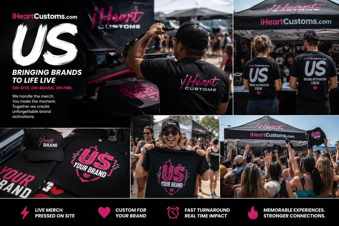 Live onsite heat press brand activation by iHeartCustoms at Orlando trade show event