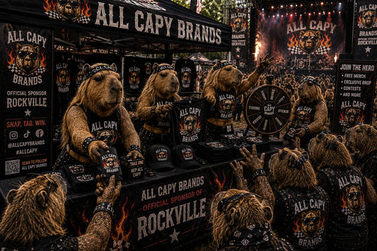 Photorealistic capybara rock festival scene featuring ALL CAPY BRANDS merchandise, concert apparel, branded activation booths, mosh pits, motorcycles, and live music performances inspired by Rockville 2026, produced by iHeartCustoms in Orlando, Florida.