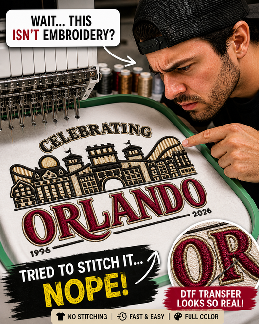 Faux embroidery DTF transfers replicate real stitched embroidery with sharper detail, lower cost, and no minimums. Printed in-house in Orlando.