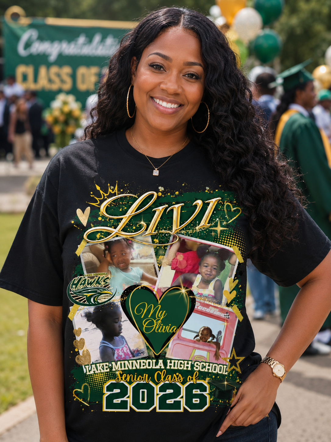 Custom graduation stole with photos and school colors for Minneola High School Class of 2026 — iHeartCustoms Orlando rush DTF printing