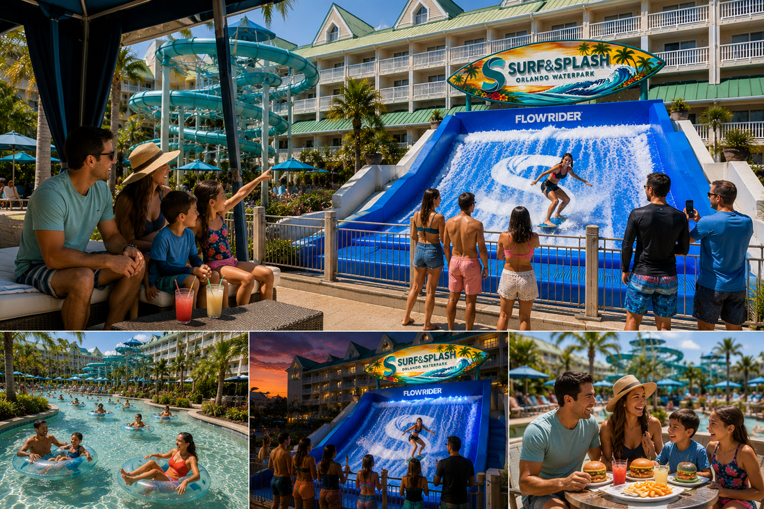 Custom fabricated surfboard feature monument sign above FlowRider attraction at Holiday Inn Resort Orlando Waterpark designed by iHeartCustoms