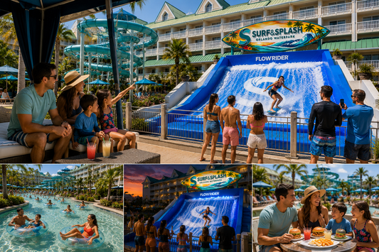 Custom fabricated surfboard feature monument sign above FlowRider attraction at Holiday Inn Resort Orlando Waterpark designed by iHeartCustoms