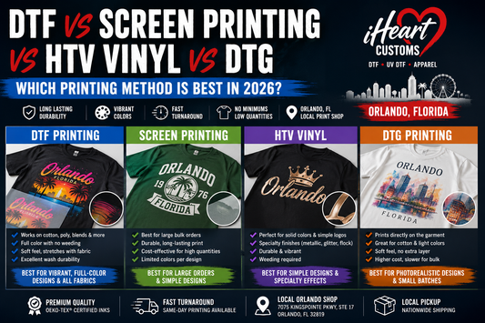  DTF vs screen printing vs HTV vinyl vs DTG vs sublimation comparison guide from iHeartCustoms Orlando