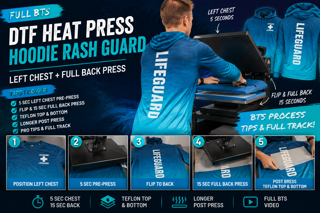 DTF left chest tack press on hooded polyester rash guard — iHeartCustoms Orlando commercial DTF workflow 5 second press