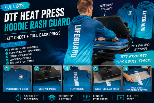 DTF left chest tack press on hooded polyester rash guard — iHeartCustoms Orlando commercial DTF workflow 5 second press