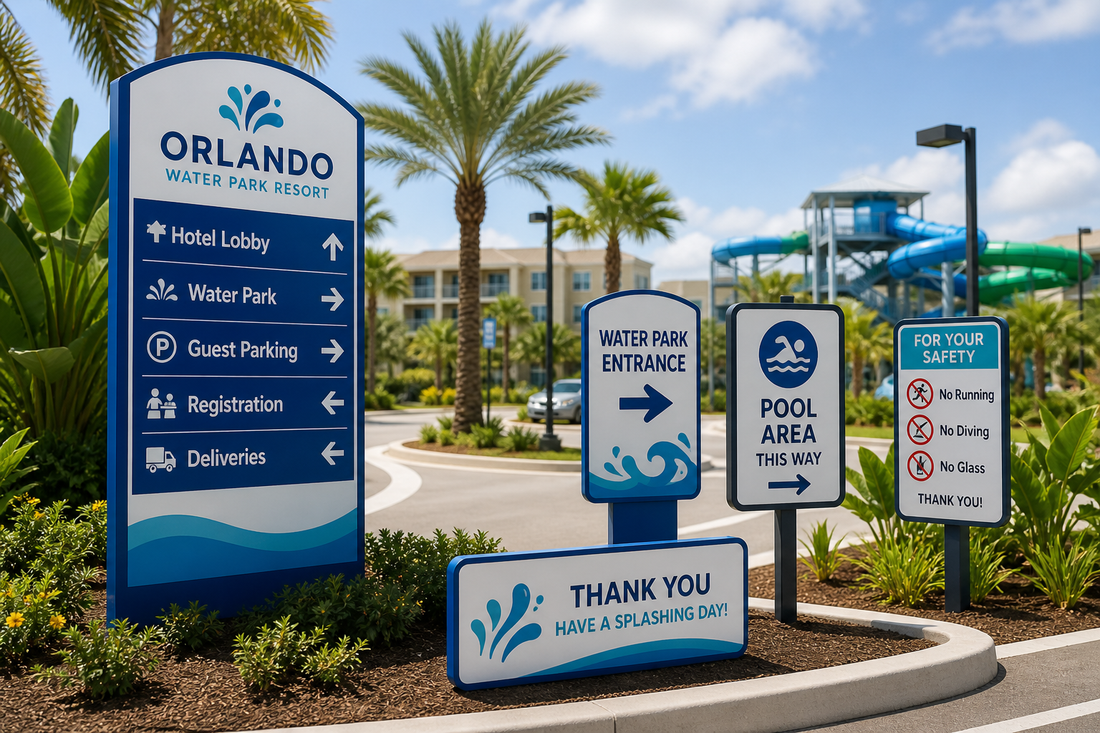 Custom reflective wayfinder signs for Orlando resort rebranding and brand activation by iHeartCustoms