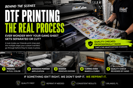 BTS of DTF printing process at iHeartCustoms in Orlando — gang sheet film change, OEKO-TEX powder curing, and quality control inspection on ready-to-press DTF transfers.