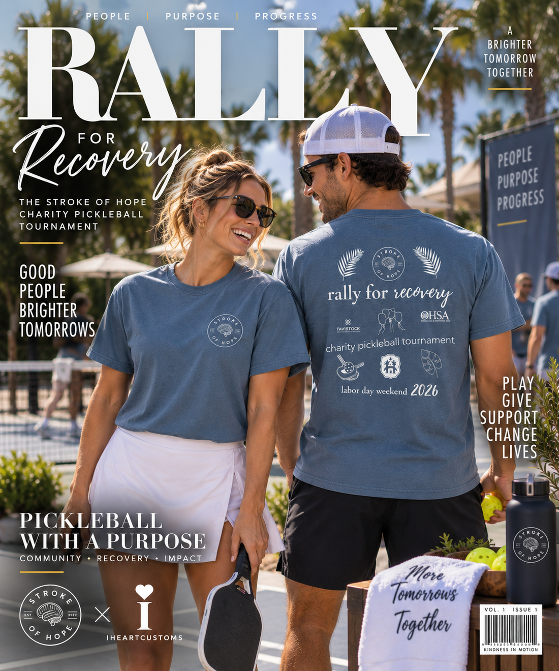 Comfort Colors C1717 Blue Jean custom event shirts with cream artwork produced by iHeartCustoms Orlando for the Stroke of Hope Rally for Recovery charity pickleball tournament