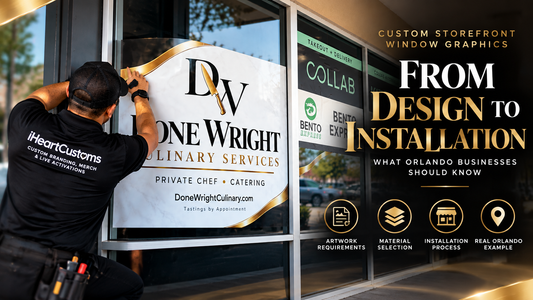 Done Wright Culinary Services custom storefront window graphic installed by iHeartCustoms Orlando — full-color matte-laminated exterior vinyl on Collab Kitchens commercial glass, Curry Ford Road Orlando