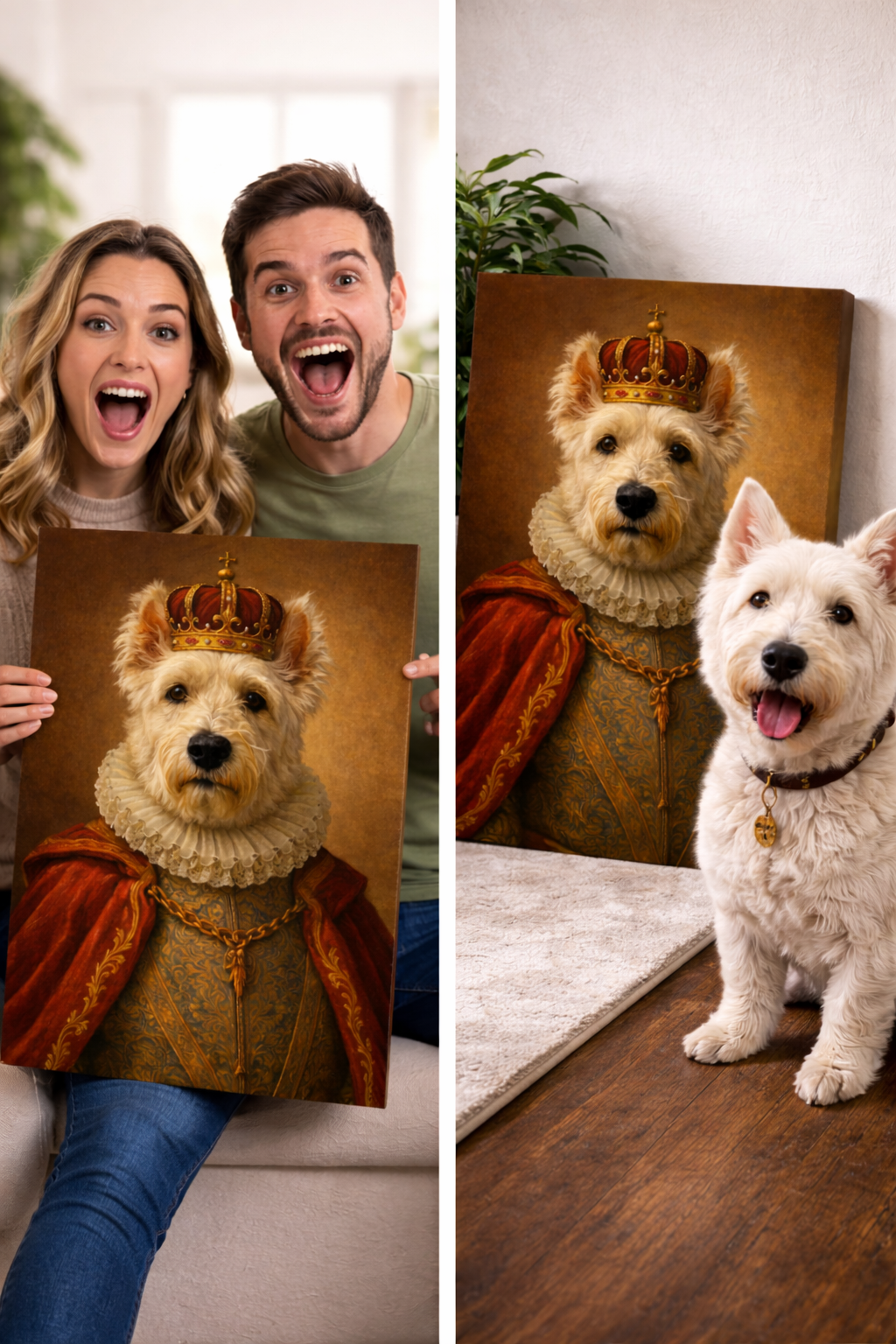 Royal West Highland Terrier dog portrait printed on premium canvas using DTF printing, displayed as elegant wall art