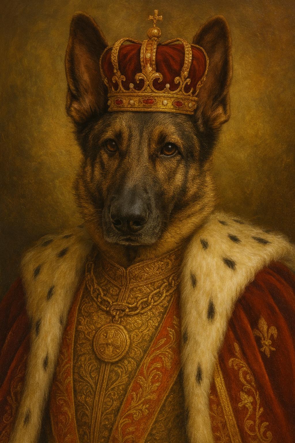 Seamless oversized royal dog portrait printed on canvas using DTF printing, featuring a custom pharaoh-style pet artwork with a premium soft-touch finish.