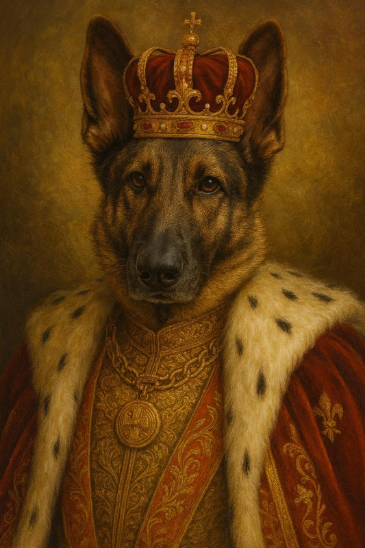 Seamless oversized royal dog portrait printed on canvas using DTF printing, featuring a custom pharaoh-style pet artwork with a premium soft-touch finish.