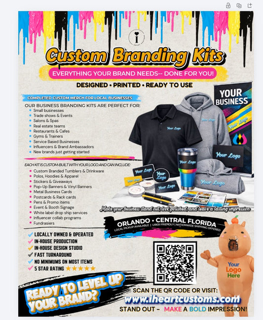 Behind the scenes at iHeartCustoms showing DTF printing, UV DTF transfers, custom merch production, banners, acrylic signs, and print shop operations in Orlando