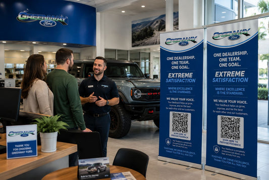 Greenway Ford employee communication banners branded retractable displays dealership showroom Orlando
