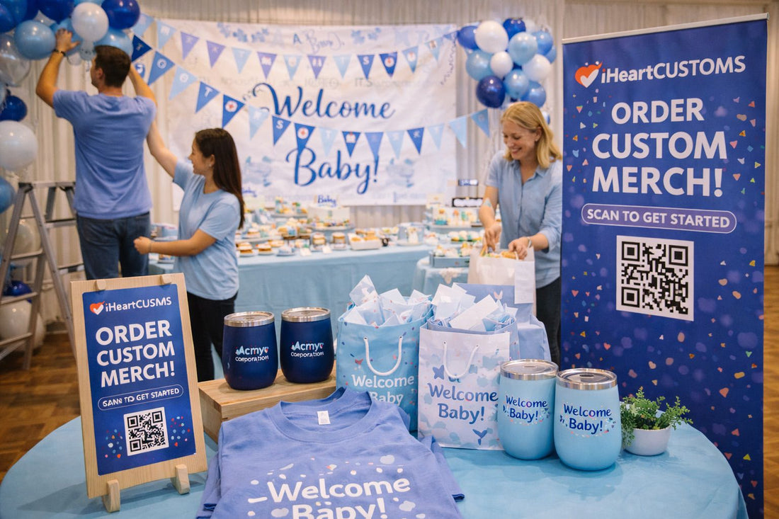custom branded merchandise display for local business including printed shirts and promotional products