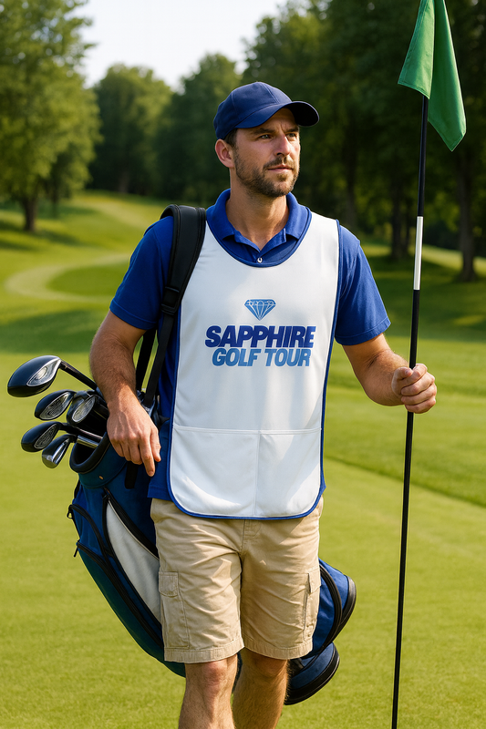 Sapphire Golf Tour Spotlight, Custom Golf Caddy Bibs & Branded Hats and Merch with DTF