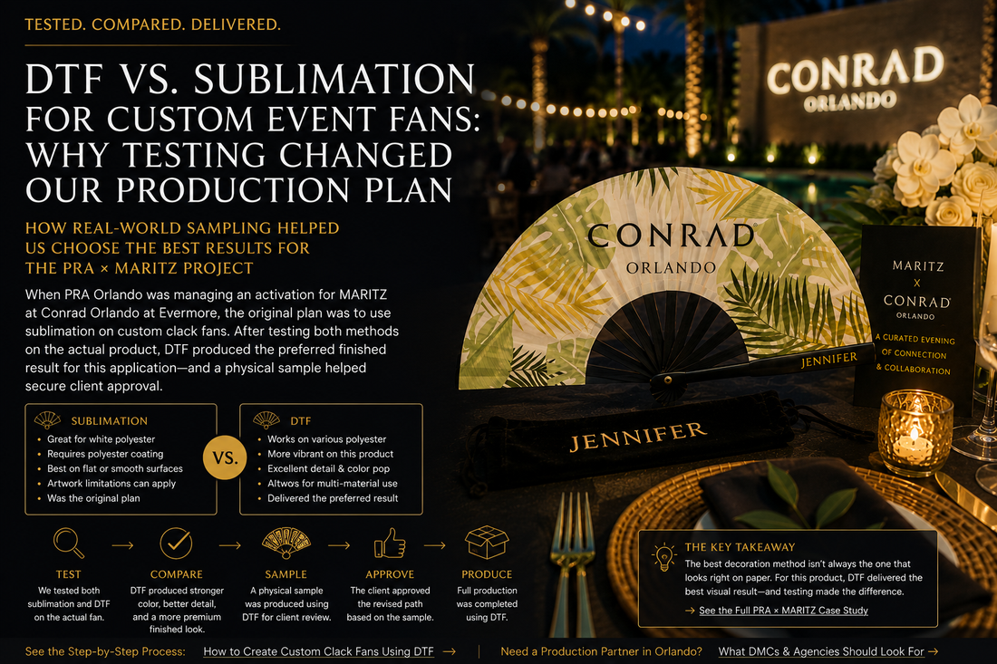 Custom polyester clack fans decorated with DTF for an Orlando hospitality event