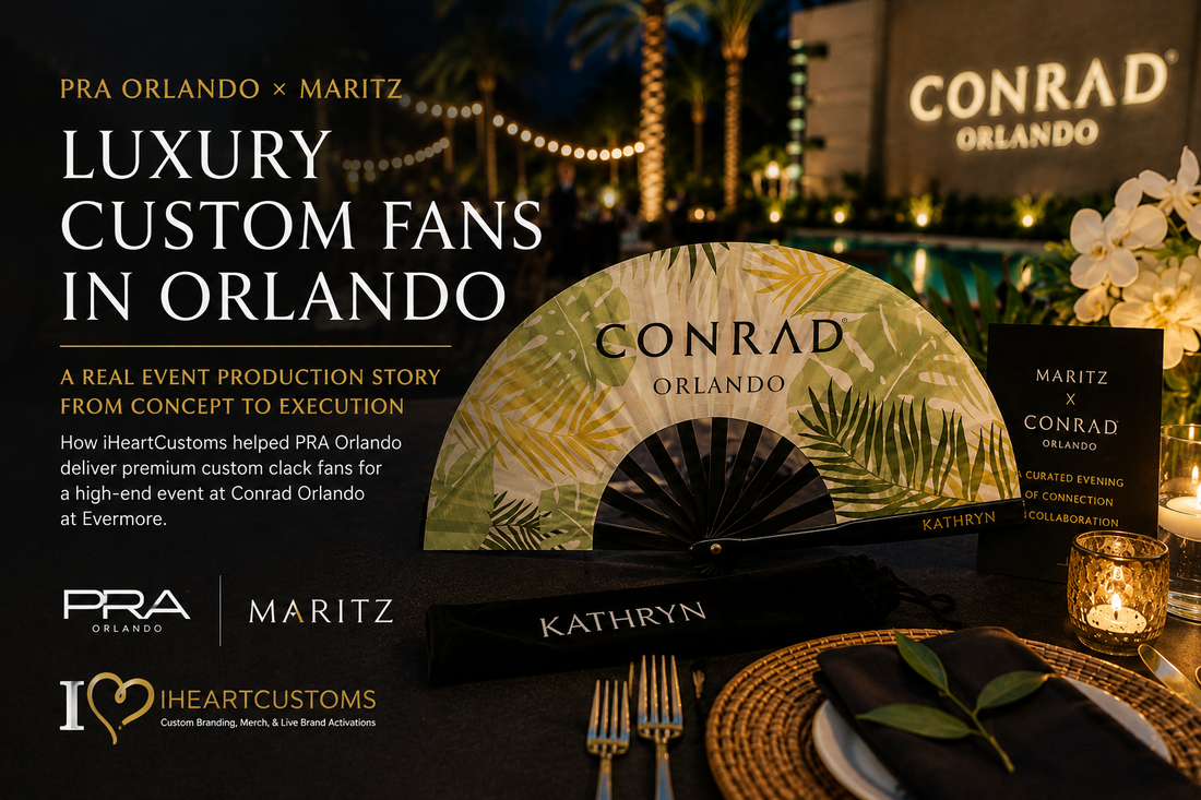 Custom DTF-decorated clack fans with matching personalized velvet bags for an Orlando event