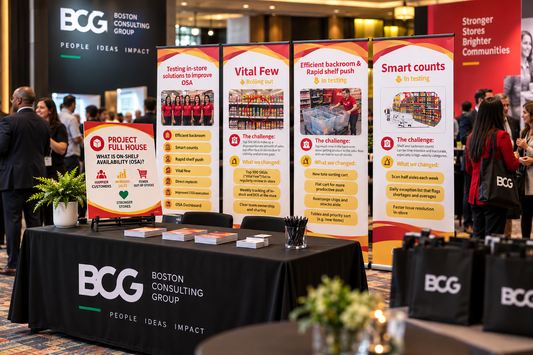 BCG Project Full House custom event signage — four 33"×79" retractable banners and a 72"×30" foam-board table-front sign produced by iHeartCustoms Orlando