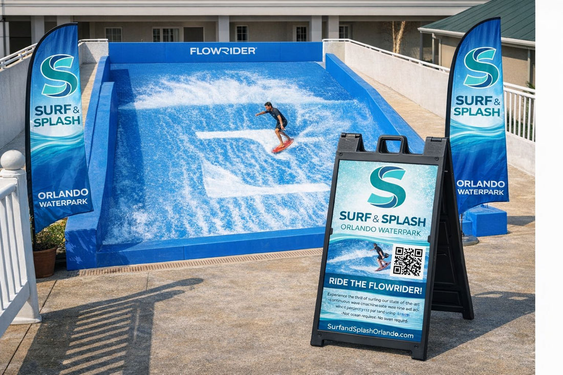 Commercial resort branding installation in Orlando featuring large-format vinyl graphics, mesh perimeter banners, and hospitality signage at pool deck attraction