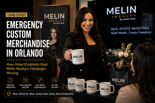 Customer-supplied coffee cups brought in by Melin Realty for same-day custom printing at iHeartCustoms Orlando