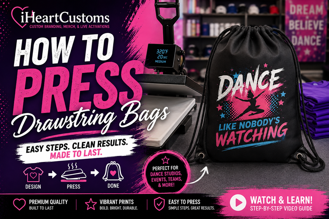 iHeartCustoms pressing DTF transfer onto custom polyester drawstring bag using pressing pillow — Orlando DTF production guide