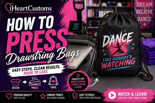 iHeartCustoms pressing DTF transfer onto custom polyester drawstring bag using pressing pillow — Orlando DTF production guide