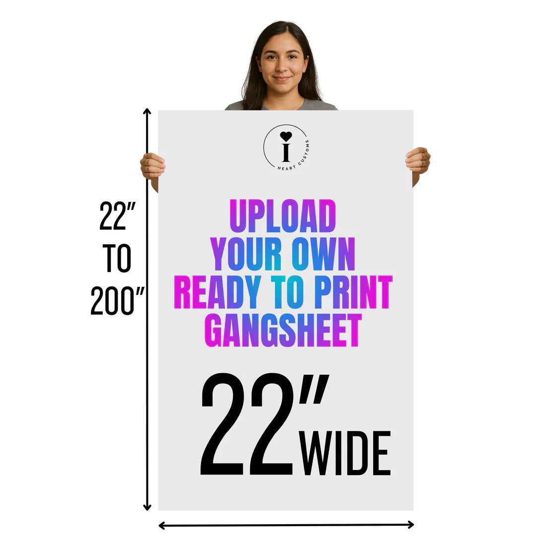 Example of a 22-inch wide DTF gang sheet layout showing upload dimensions from 22 to 200 inches, used for ready-to-print custom transfers.