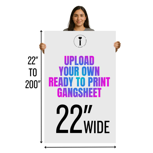 Example of a 22-inch wide DTF gang sheet layout showing upload dimensions from 22 to 200 inches, used for ready-to-print custom transfers.