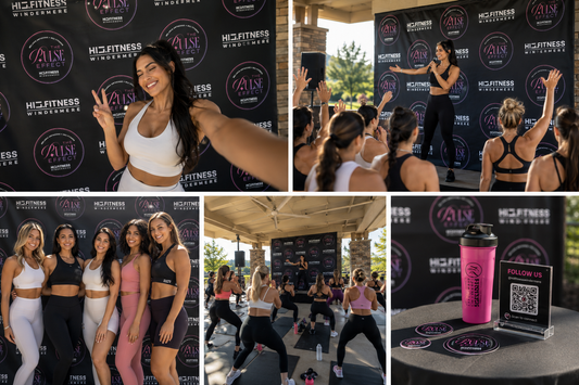 Custom 10 ft by 8 ft vinyl event backdrop produced by iHeartCustoms for HILI Fitness Windermere brand activation — Orlando rush event printing