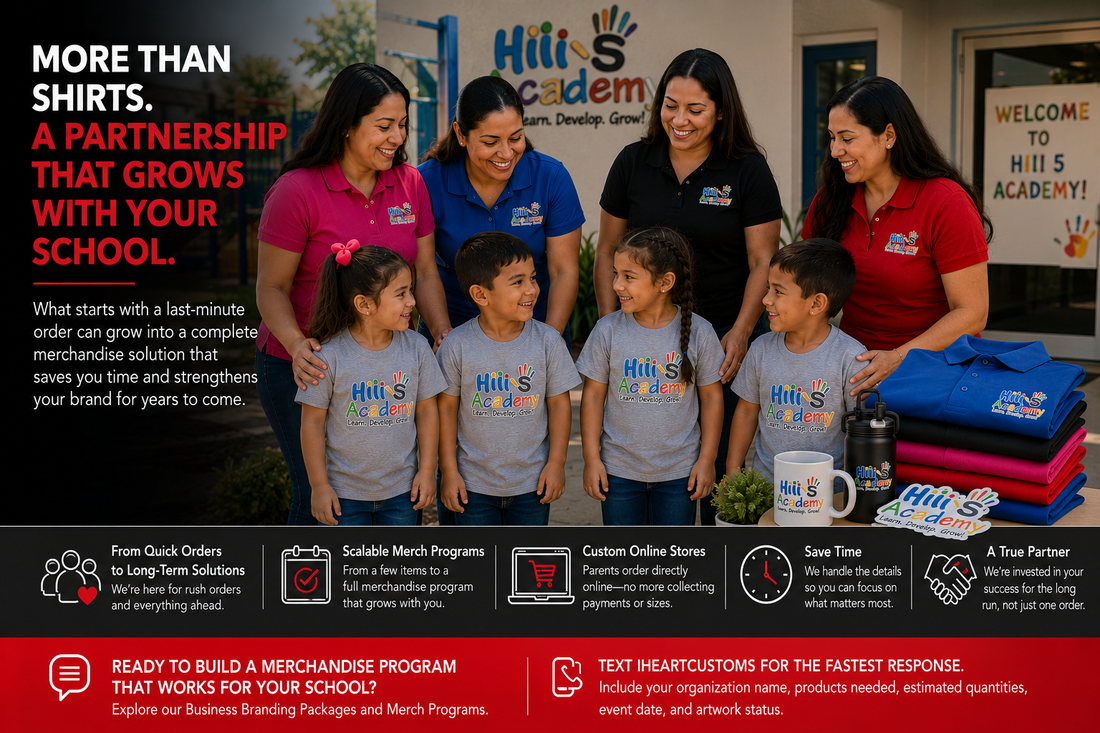 Preschool Open House branded event setup — teacher shirts signage and stickers iHeartCustoms Orlando