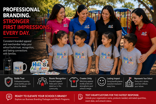 Branded online school merchandise store landing page — parent-direct ordering iHeartCustoms Merch Program