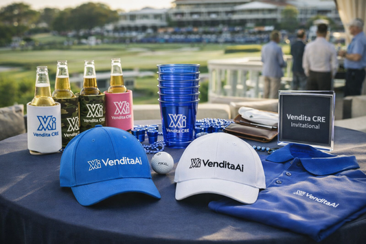 Custom Nike Golf hats and branded koozies produced by iHeartCustoms for corporate golf hospitality event in Orlando