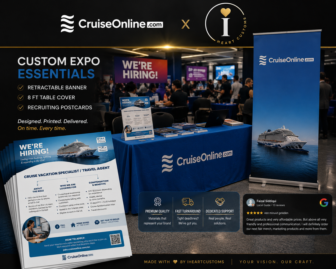 Custom retractable banner, branded table cover, and postcards produced in Orlando for an international company's recruiting event