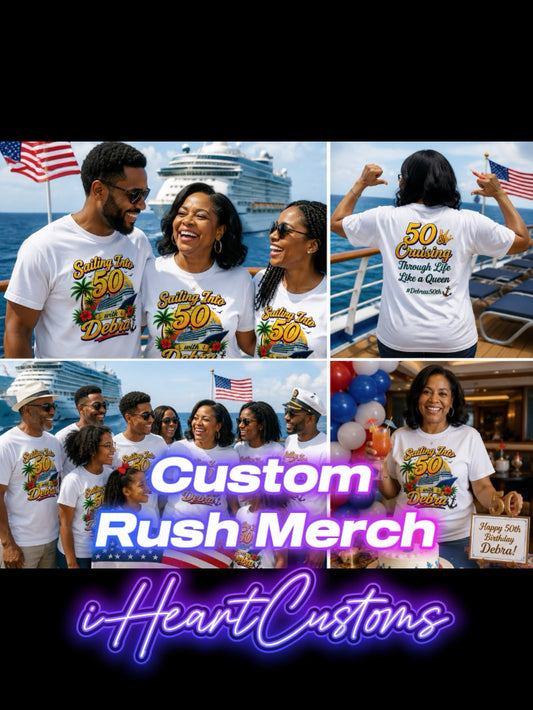 Custom matching shirts for birthday cruise family group — iHeartCustoms Orlando rush production