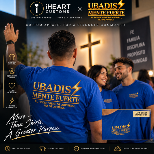 Left-chest logo placement guide for custom T-shirts and polos — iHeartCustoms Orlando event and organizational apparel