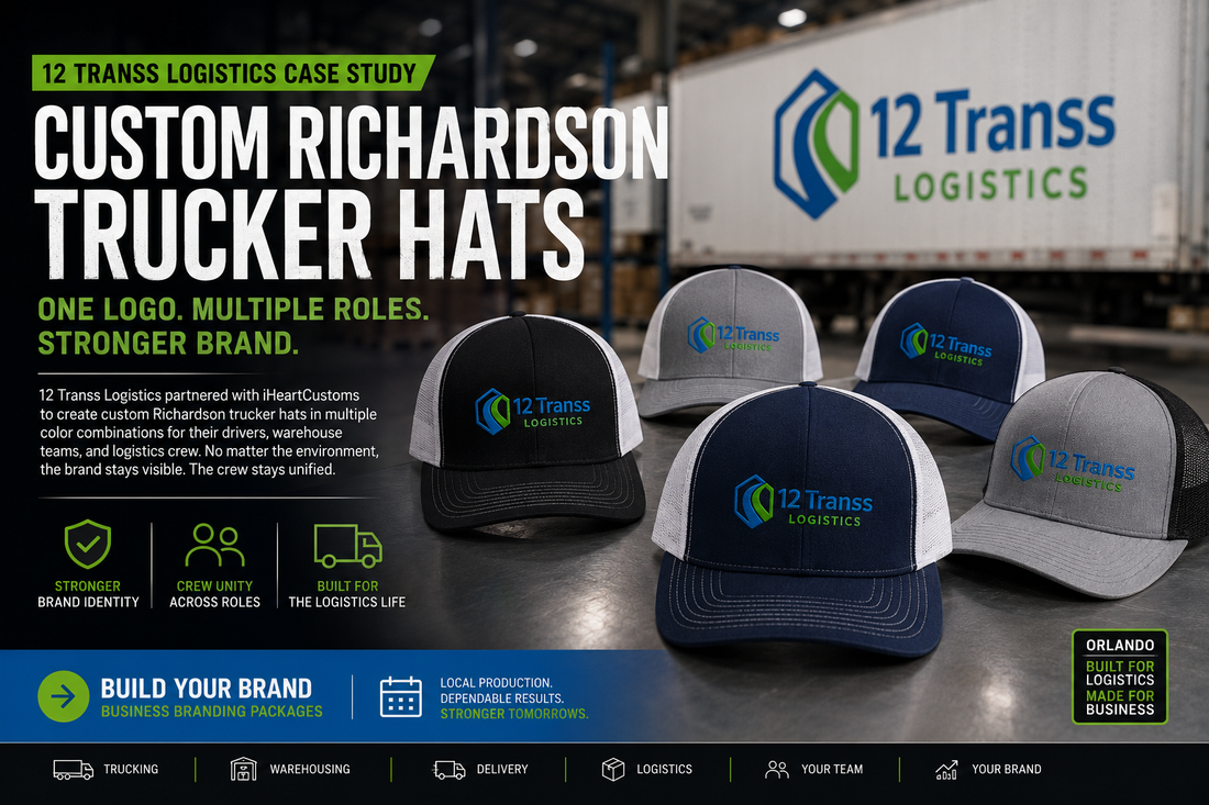 Logistics company crew in branded work shirts on warehouse floor — iHeartCustoms Orlando Florida