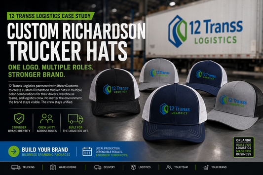 Logistics company crew in branded work shirts on warehouse floor — iHeartCustoms Orlando Florida