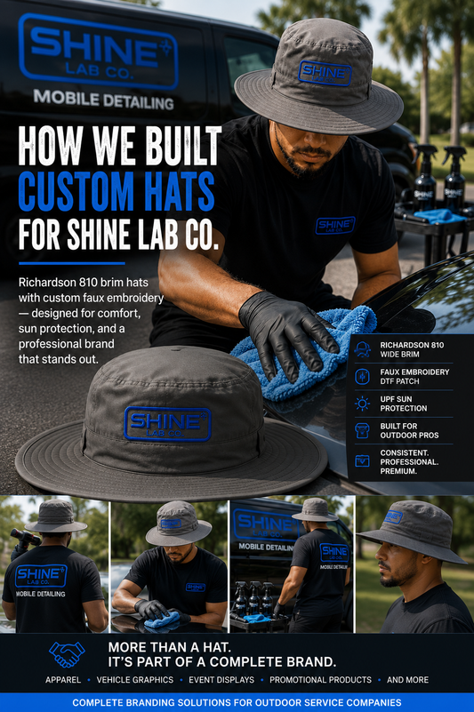Shine Lab Co mobile detailing crew wearing custom branded Richardson 810 wide-brim hats by iHeartCustoms