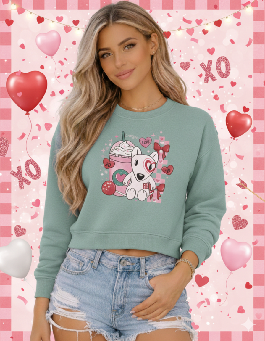 Valentine’s Day cropped sweatshirt with animated frappé and puppy design