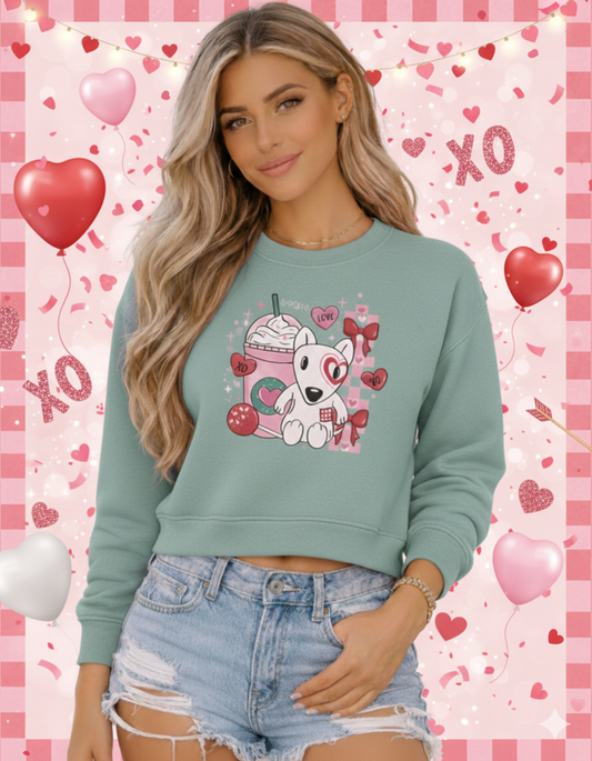 Valentine’s Day cropped sweatshirt with animated frappé and puppy design