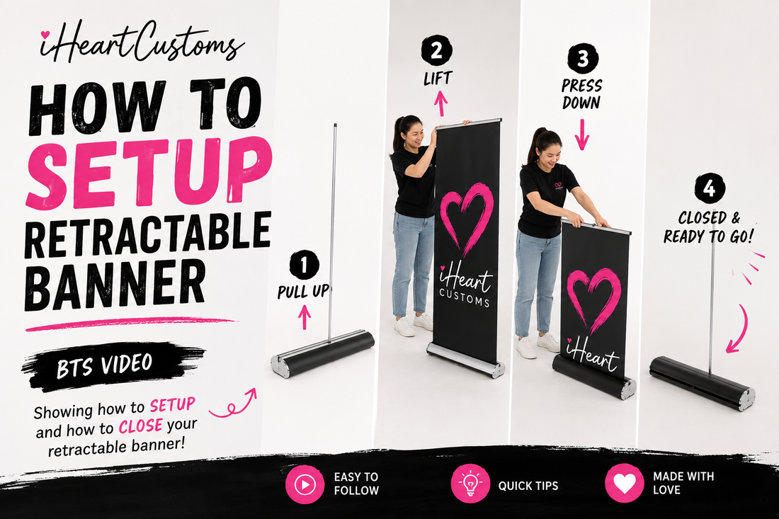 Step-by-step retractable banner setup demonstration — three-piece pole assembly and graphic deployment iHeartCustoms Orlando