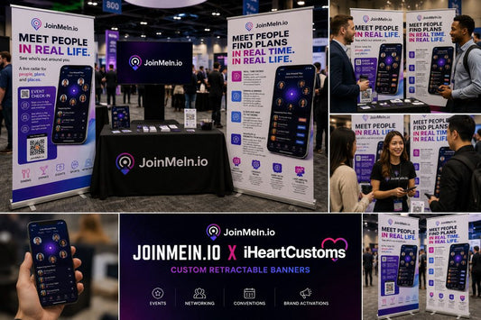 Two custom retractable banners produced by iHeartCustoms for JoinMeIn.io on same-day rush — delivered to Hilton Orlando for next-day event