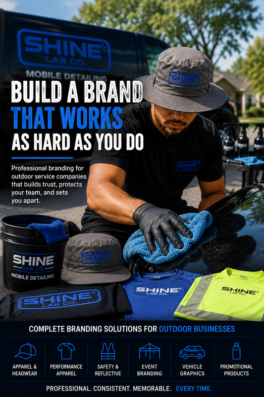 Outdoor service company branding system — branded hats, UV shirts, and reflective safety apparel by iHeartCustoms Orlando