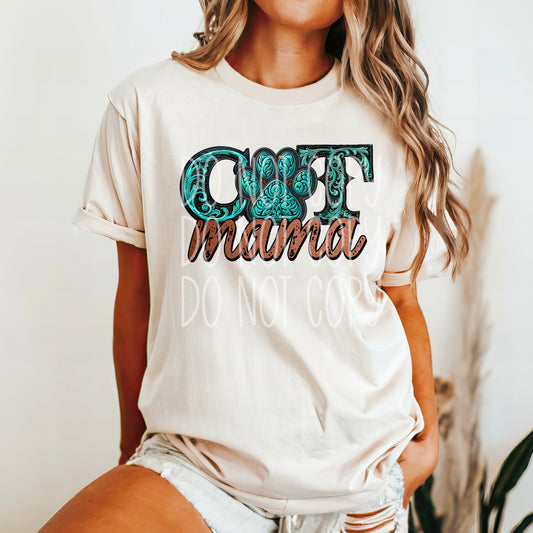 Faux Embroidery Western Turquoise Cat Mama DTF Transfer Film