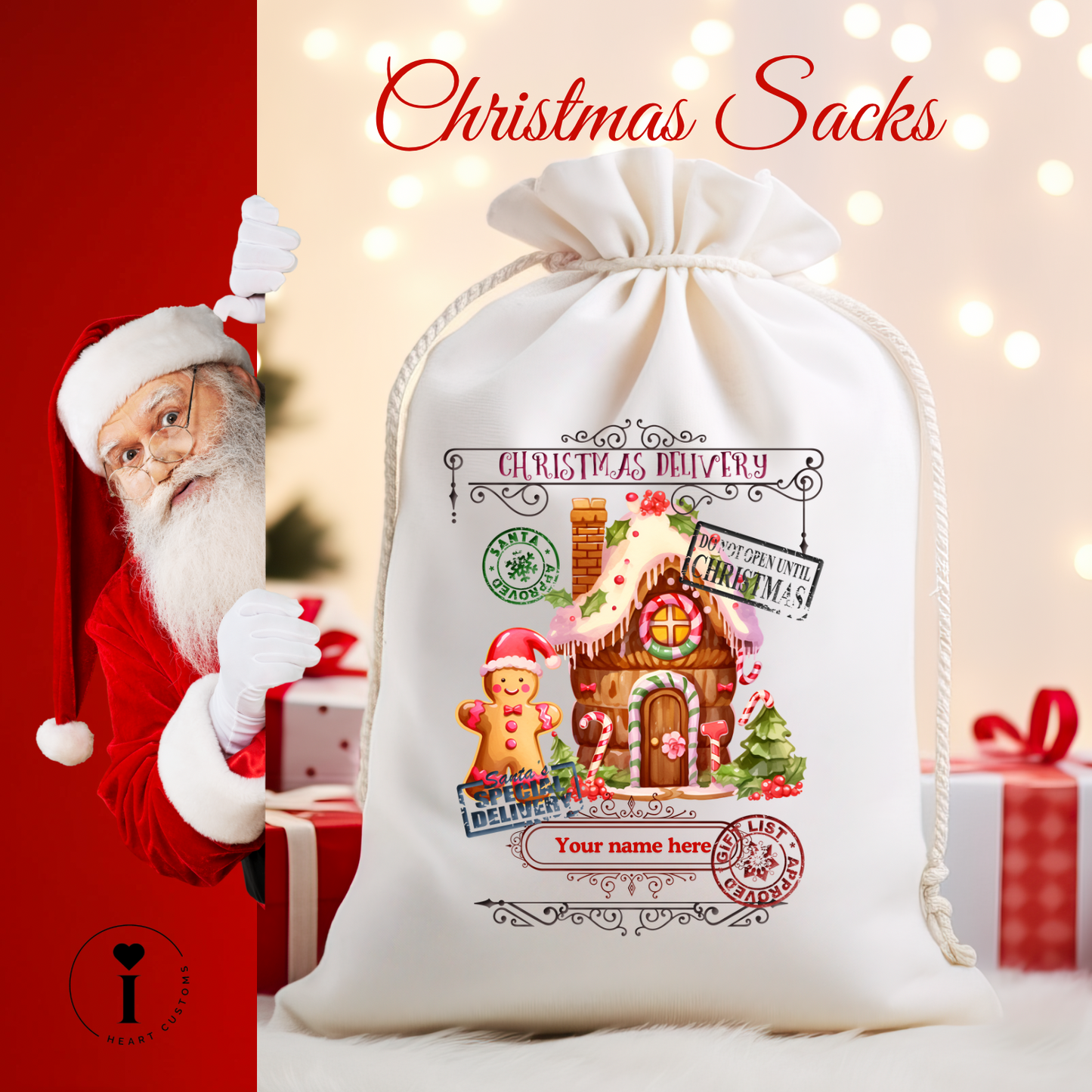 Personalized Santa Christmas Sack DTF Transfer – Custom Holiday Gift Bag Design - Gingerbread House