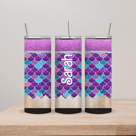 Purple Teal Mermaid Pencil Tumbler with Name 20oz Straight Insulated Tumbler