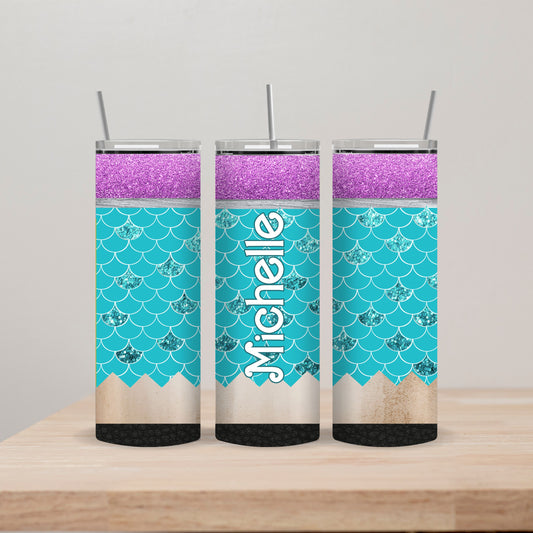 Teal Mermaid Pencil Tumbler with Name 20oz Straight Insulated Tumbler