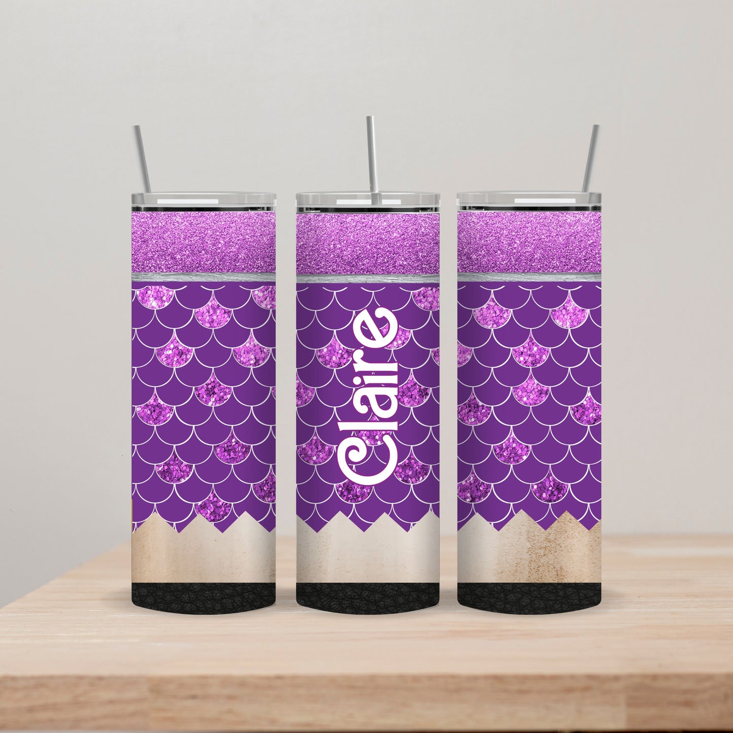 Purple Mermaid Pencil Tumbler with Name 20oz Straight Insulated Tumbler